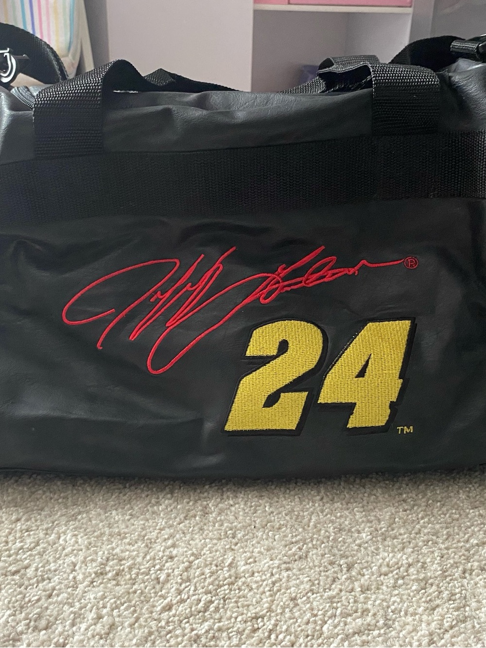 Vintage 1990s Jeff Gordon #24 NASCAR Faux Leather Duffle Bag Black Racing Logo